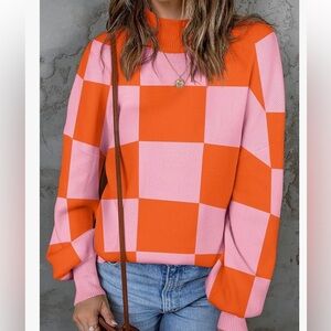 Zesica Pink & Orange Checkerboard Crewneck Sweater